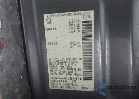 2019 Nissan Maxima 3.5 Sl z USA, uszkodzony, nr VIN 1N4AA6AV4KC363410